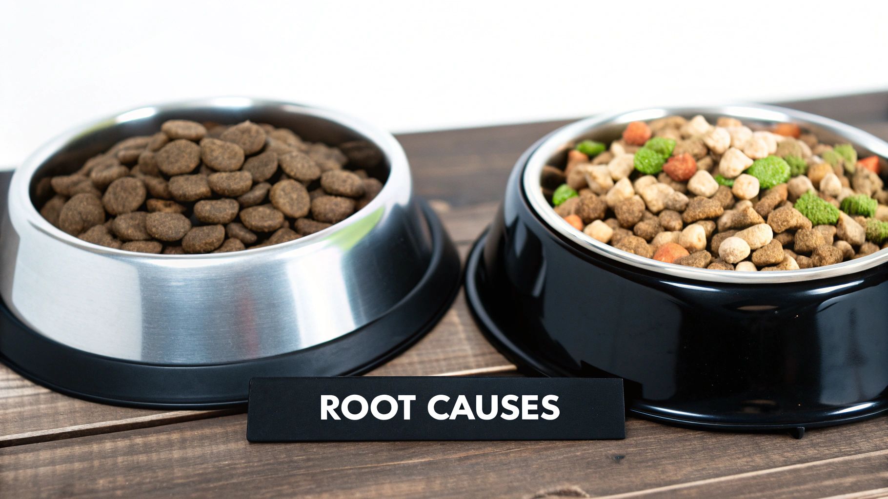A hand scooping high-quality, ingredient-rich dog food into a bowl.