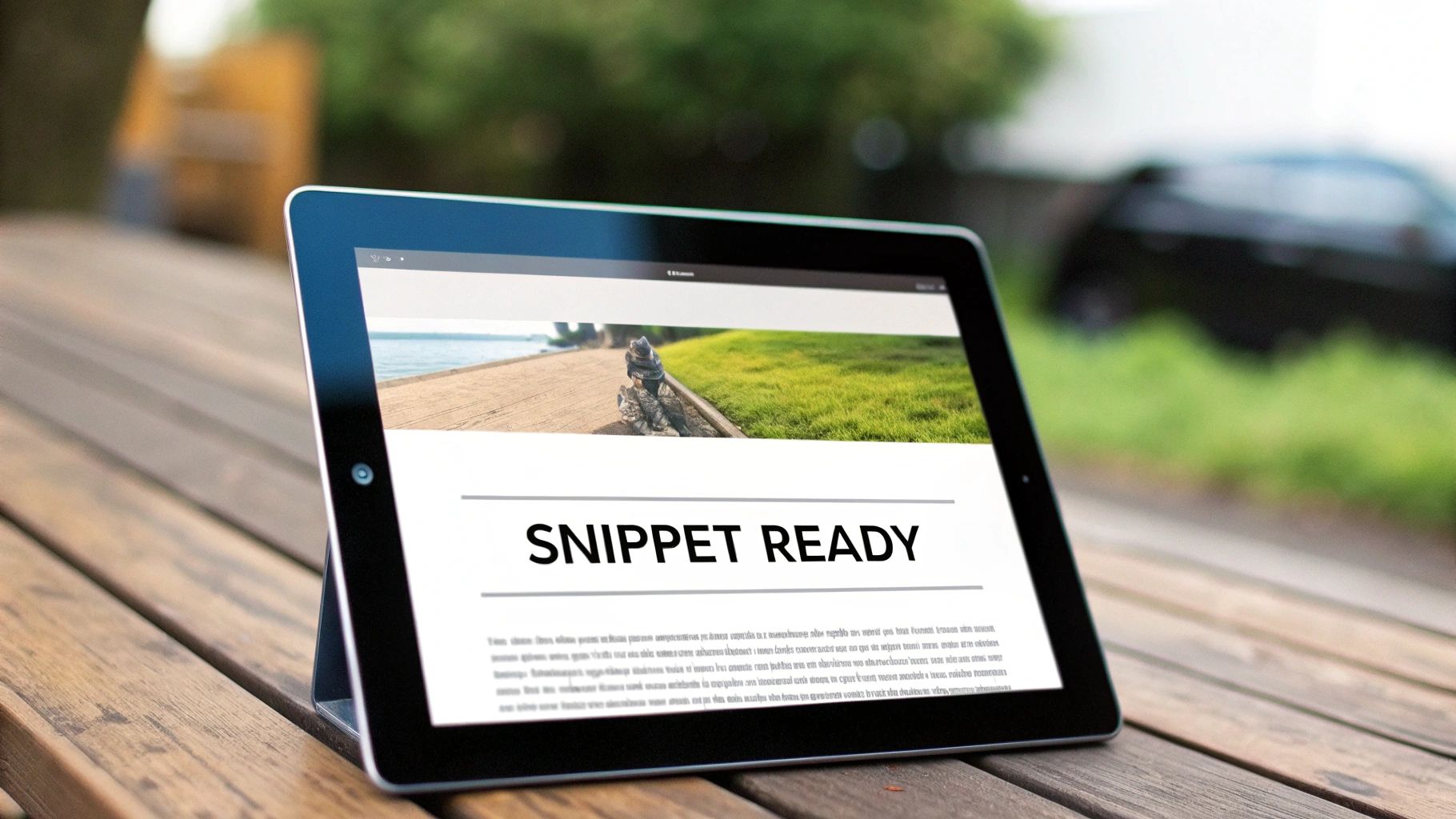 A tablet on a wooden table displays a 'Snippet Ready' webpage with a scenic path by water.