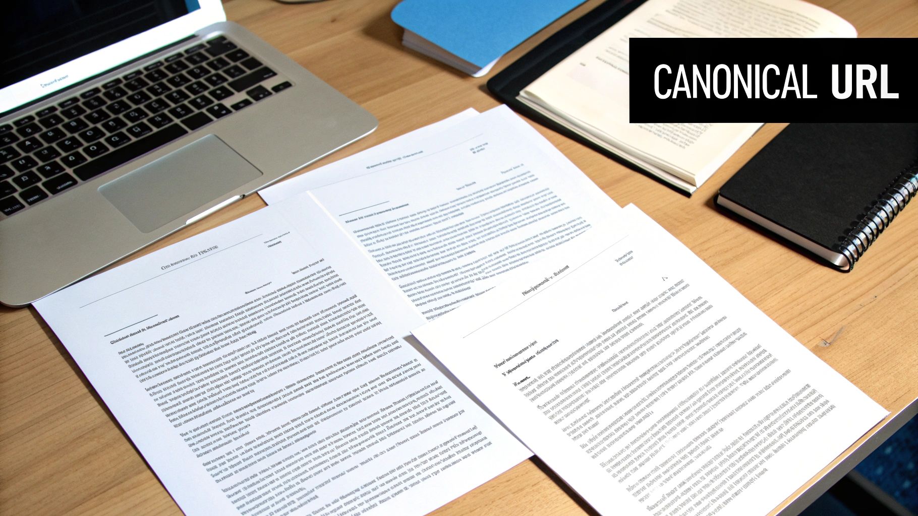 A wooden desk with a laptop, several documents, a book, and a notebook, featuring a 'CANONICAL URL' overlay.