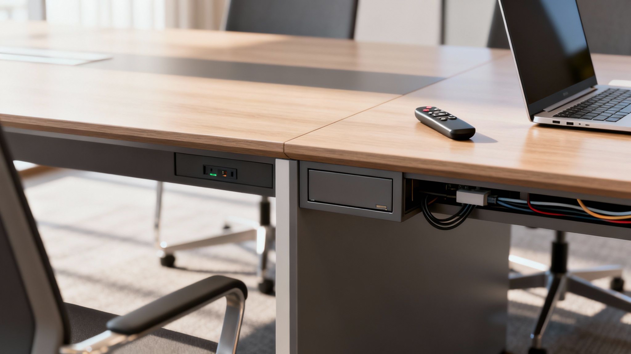 Modern conference table with built-in power outlets, cable management, laptop, and remote control.