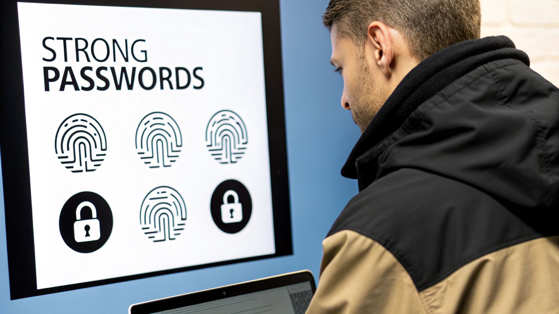 A user securely logging in with multi-factor authentication, a key website security best practice, on a laptop and smartphone.