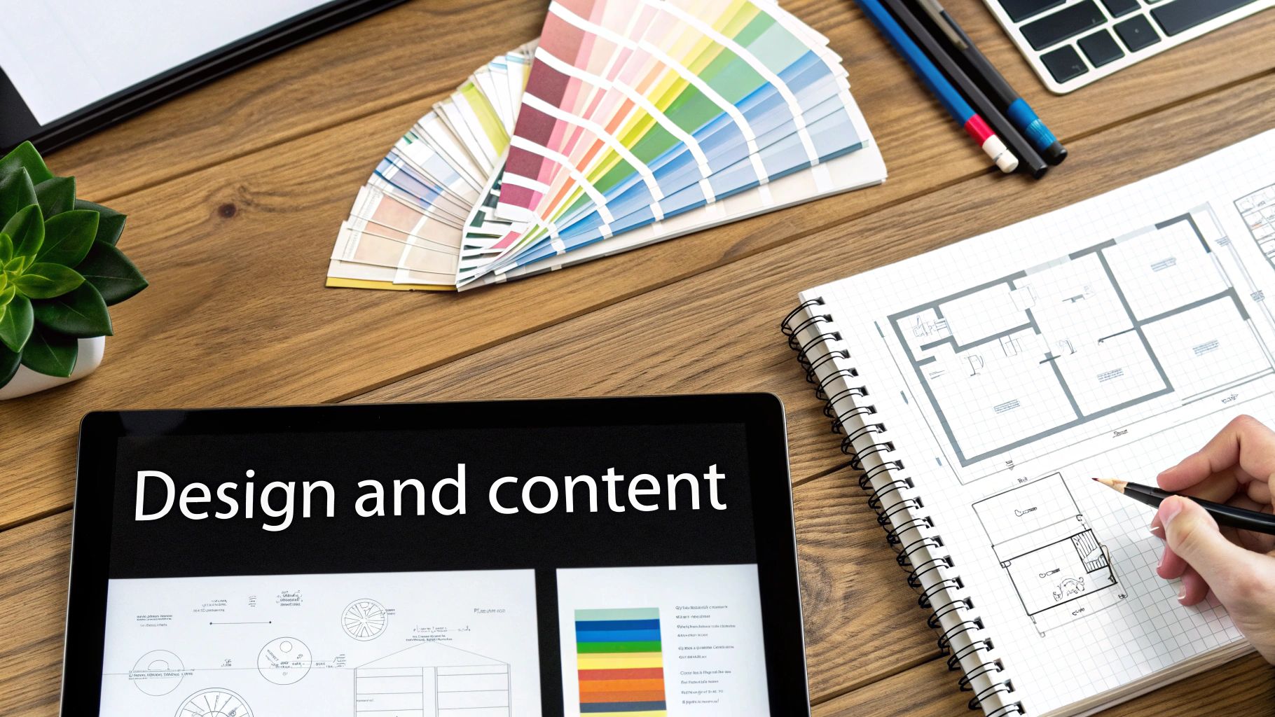 A creative's desk with a tablet displaying 'Design and content', color swatches, and hand sketching architectural plans, showing the web design stages of web development.
