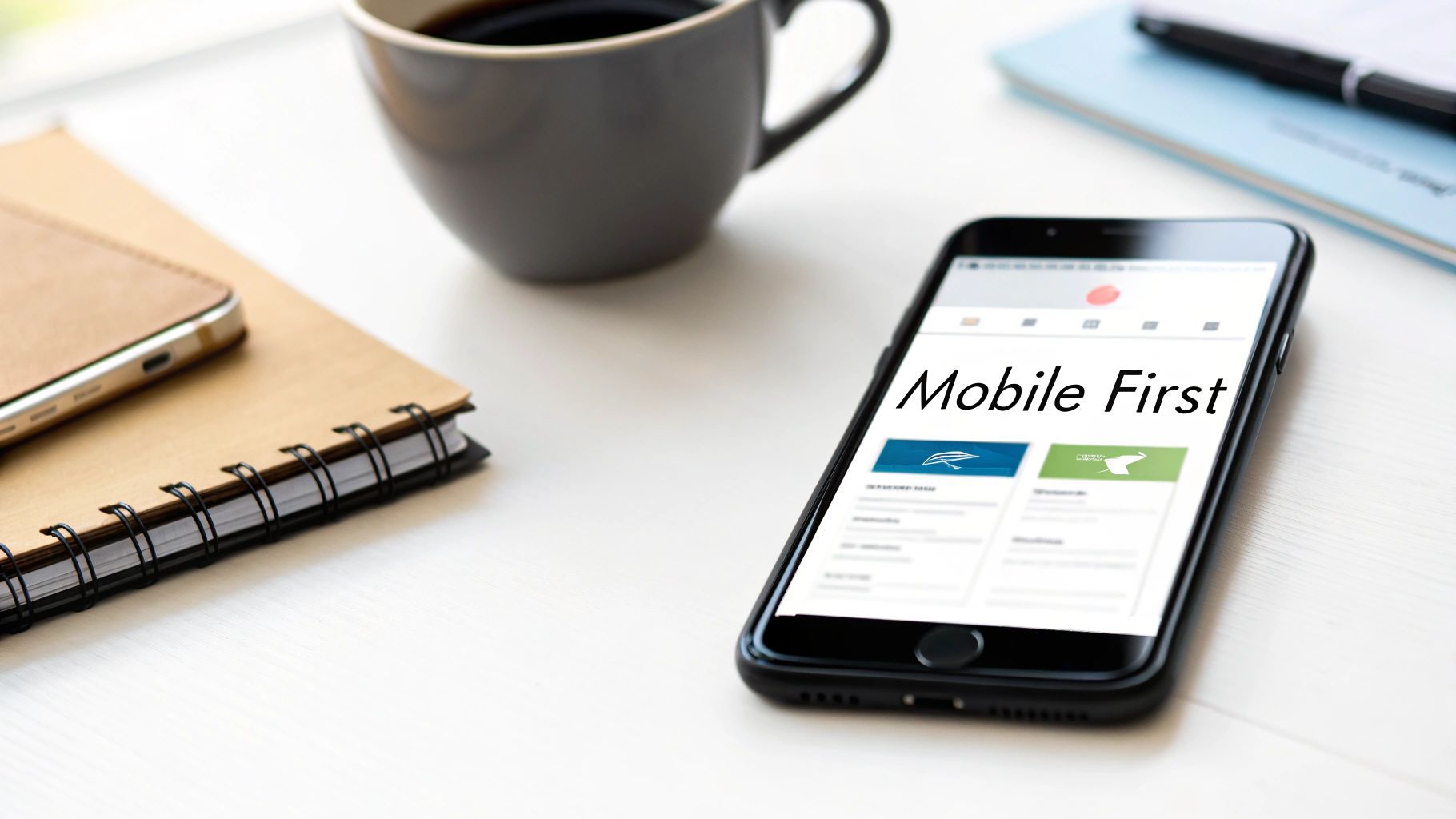 A smartphone on a desk showing a mobile-first website layout, illustrating responsive web design best practices.