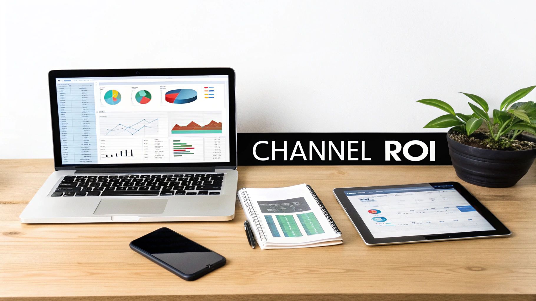 Desk setup with laptop showing a channel ROI report for measuring return on marketing investment.