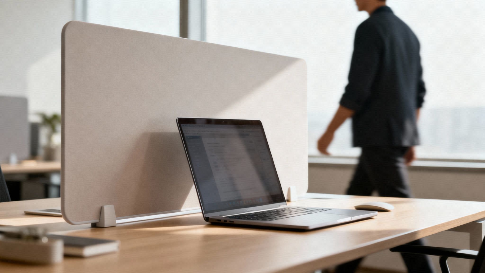 A laptop computer sits on a modern wooden desk next to a cubicle privacy screen in a sunlit office, illustrating data security.