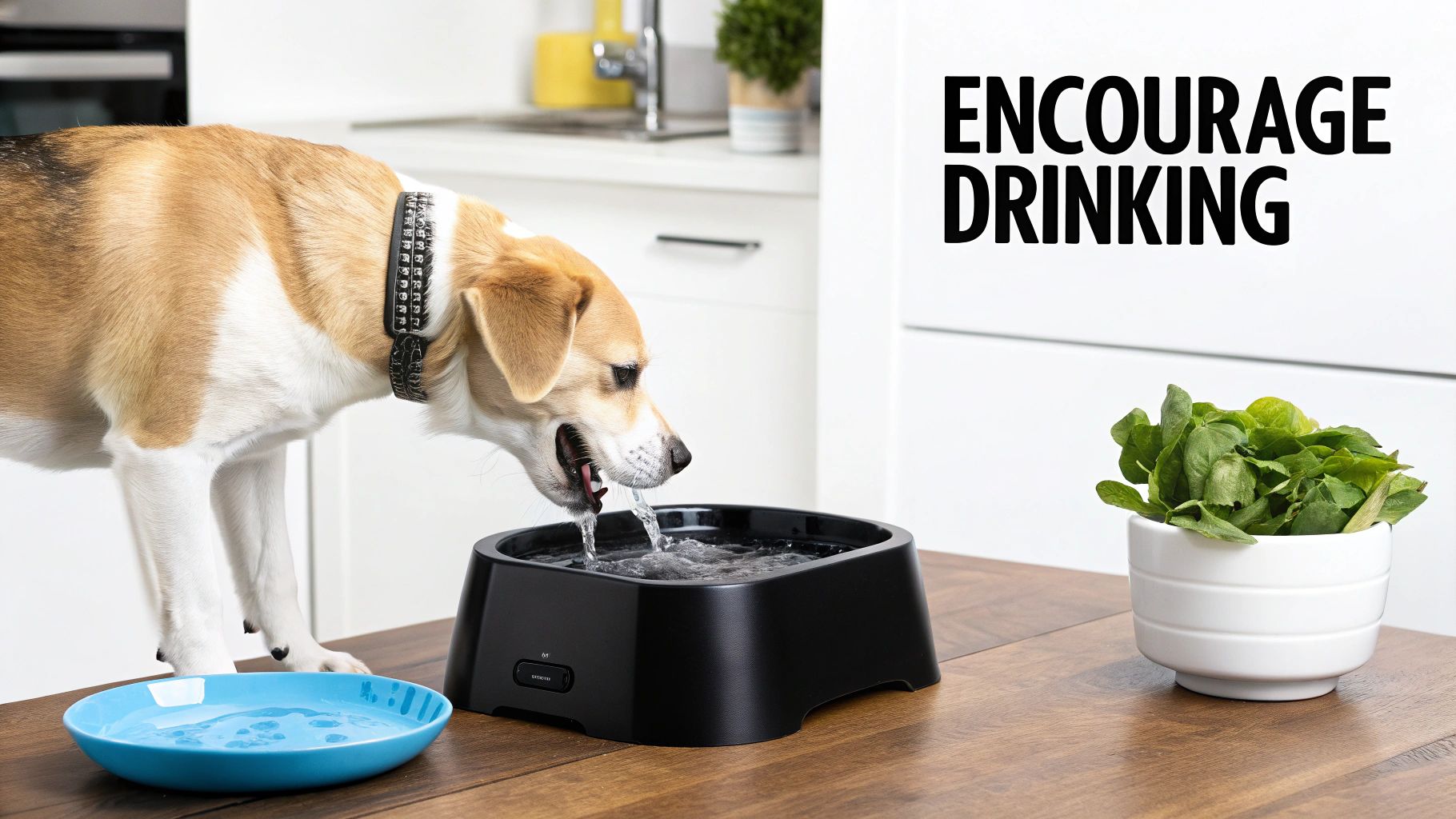 A beagle dog drinks from a black pet water fountain on a wooden table, encouraging hydration.