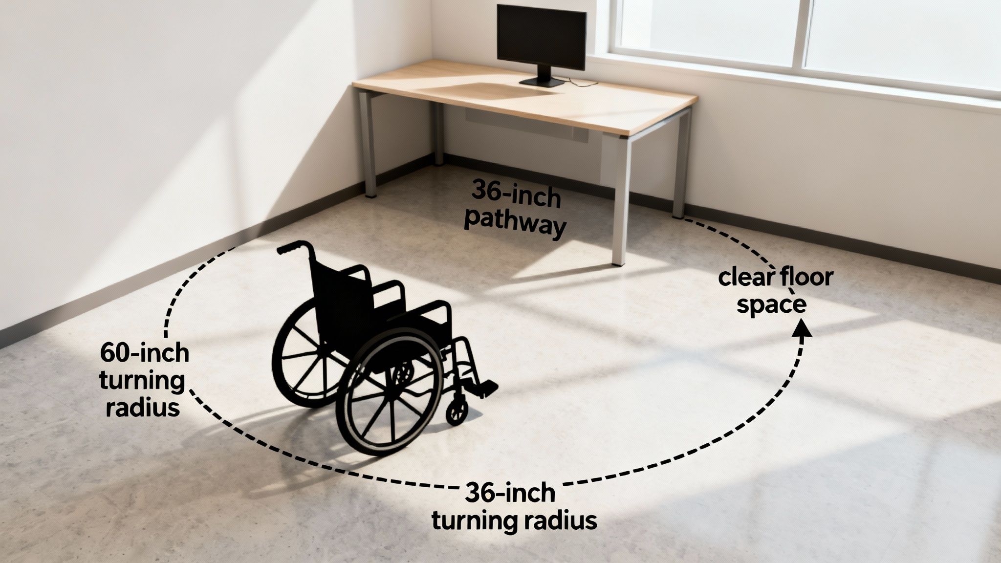 An office space with a wheelchair, illustrating ADA-compliant 60-inch turning radius and 36-inch clear pathways.