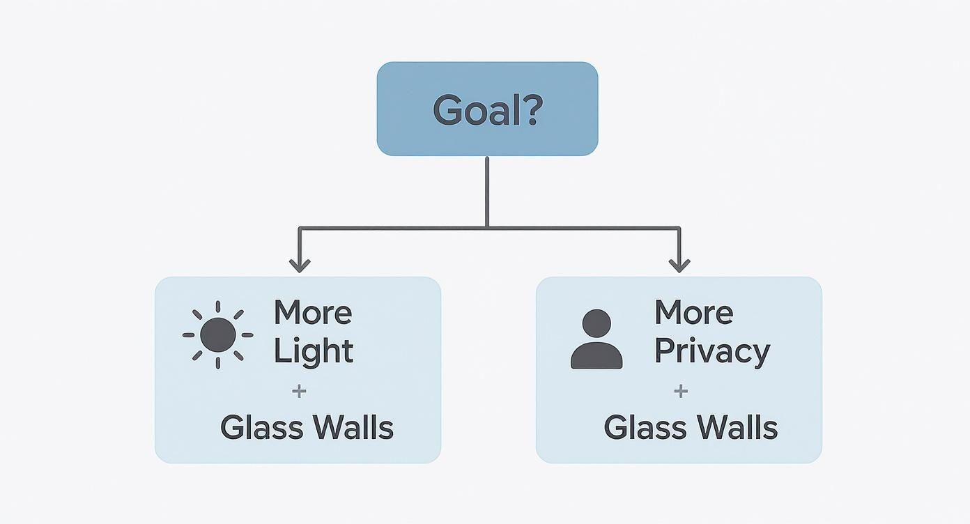 A decision tree infographic showing that if the goal is 'More Light' or 'More Privacy', the solution is 'Glass Walls'.