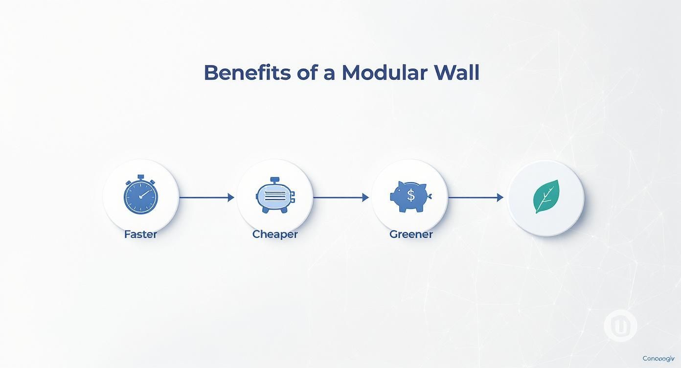 Infographic detailing the benefits of modular office walls, showing icons for faster, cheaper, and greener.