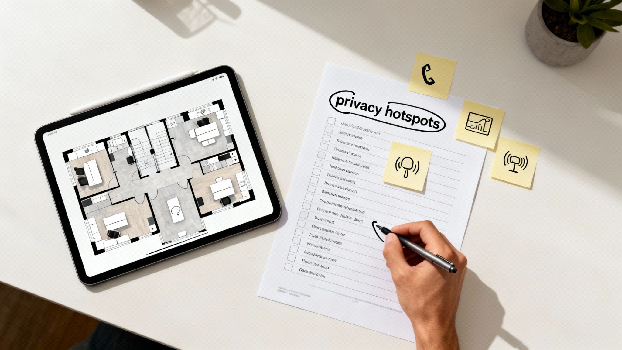 A team collaborates in a modern office space, highlighting the need for balanced privacy and teamwork.