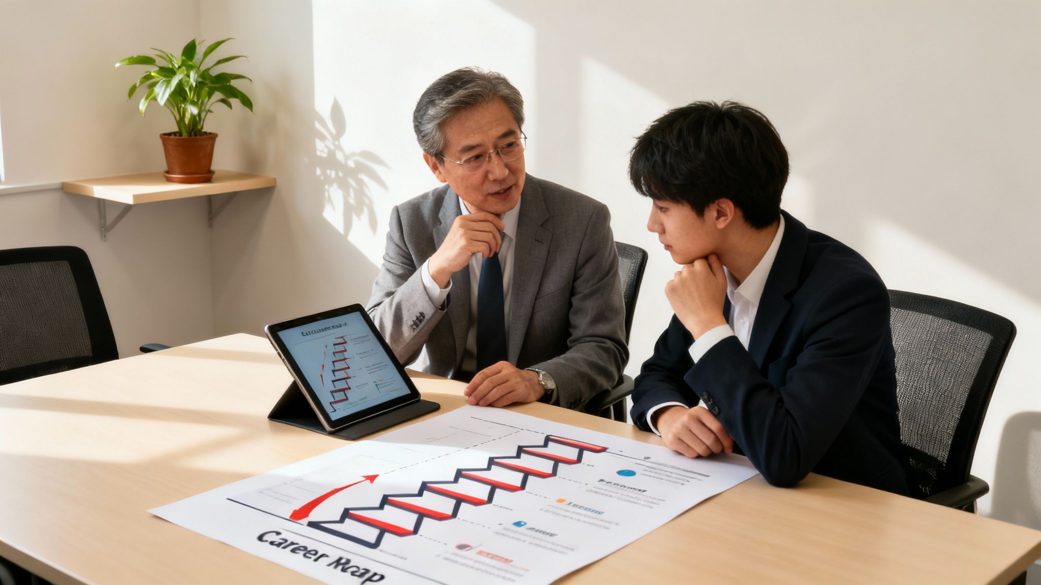 Two businessmen discuss a career map on a digital chart, planning for professional development and growth.