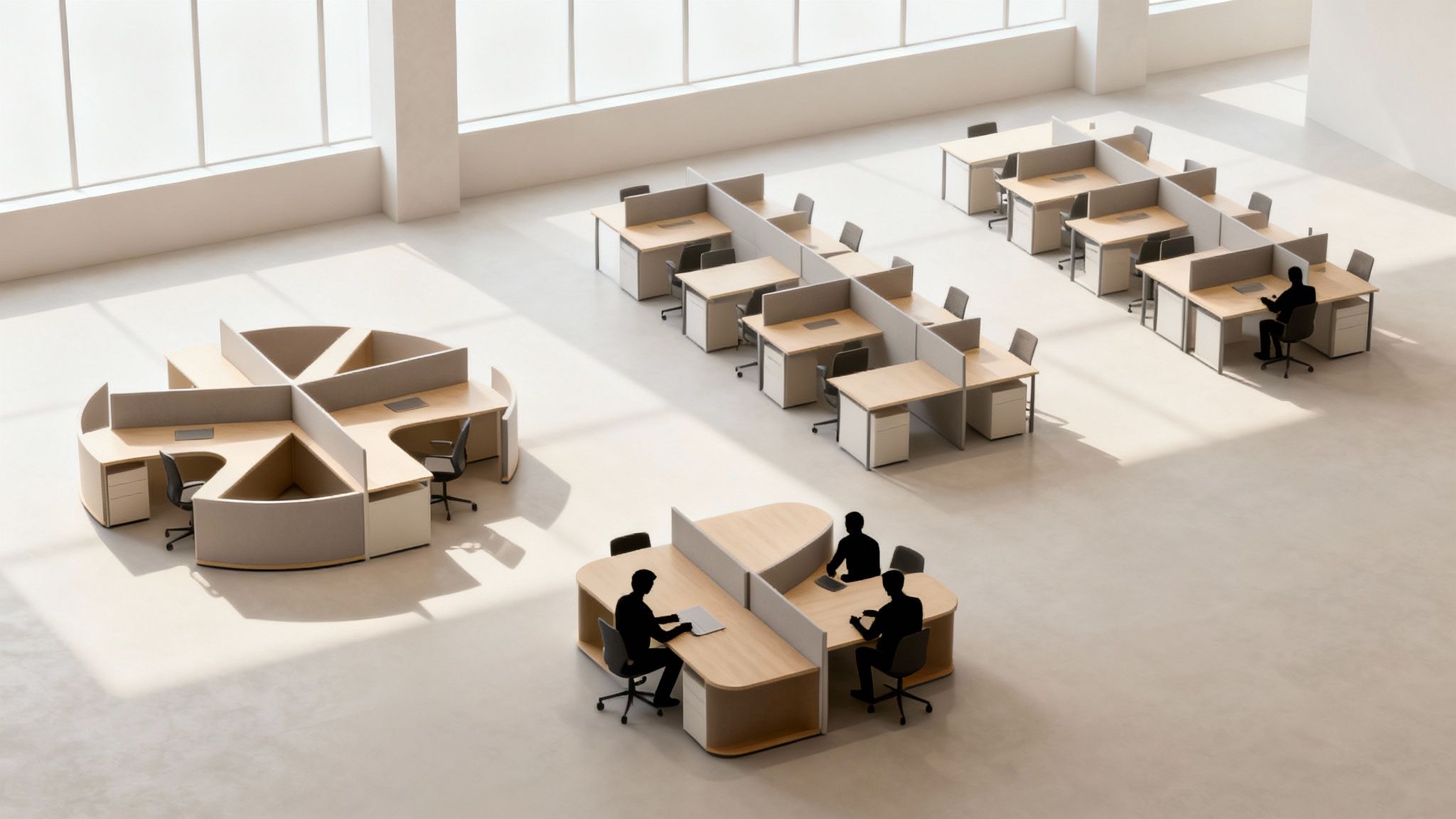 An aerial view of a modern open-plan office with various cubicle layouts and silhouetted workers.