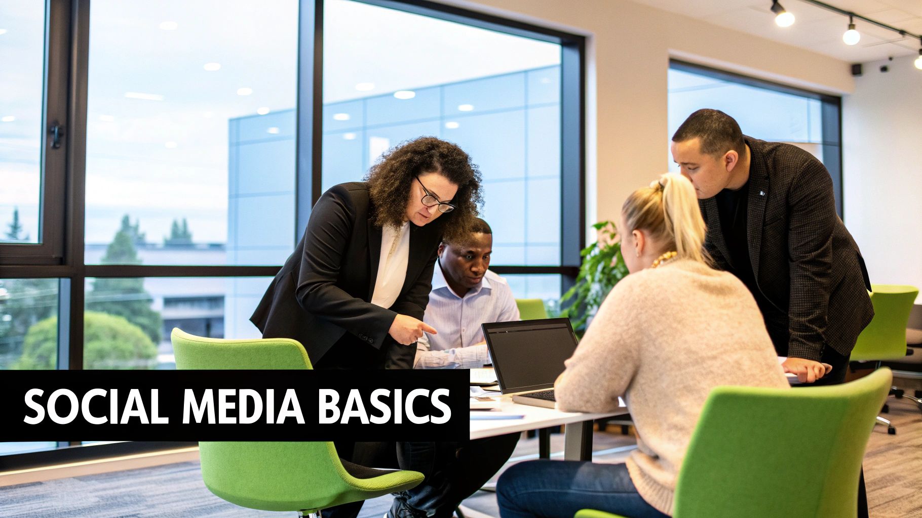 A person at a desk surrounded by social media icons and engagement metrics, illustrating social media marketing basics.