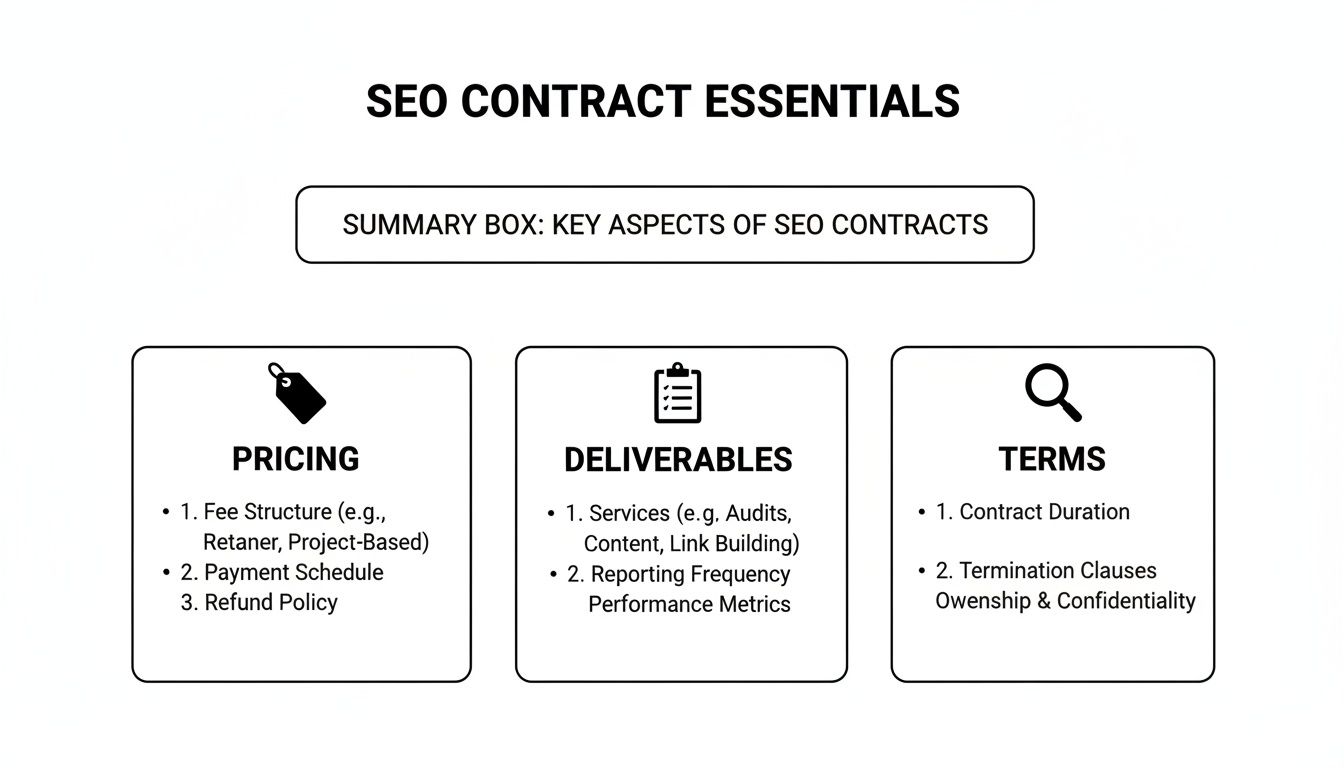 Infographic outlining key aspects of SEO contracts, a guide on how to choose an seo company by reading the fine print.