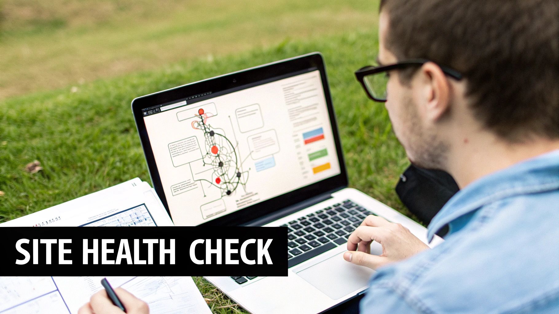 A person looking at a screen with a question mark icon, symbolizing common questions about how to improve Google ranking.