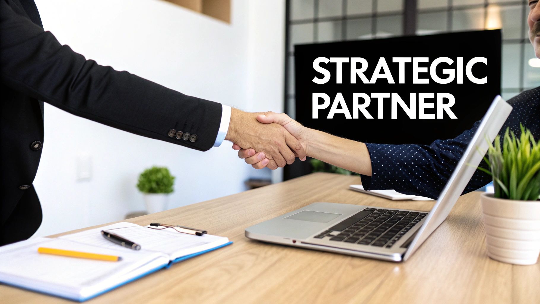 How to choose an SEO company: business people shaking hands in a strategic partnership.