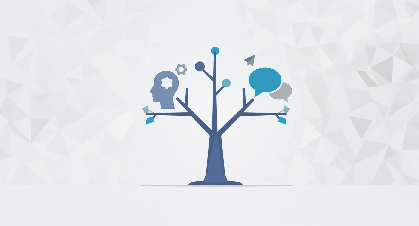 A decision tree showing that the goal of a modern cubicle design can lead to either a 'Focus' path with a head and gears icon, or a 'Collaboration' path with speech bubble icons.