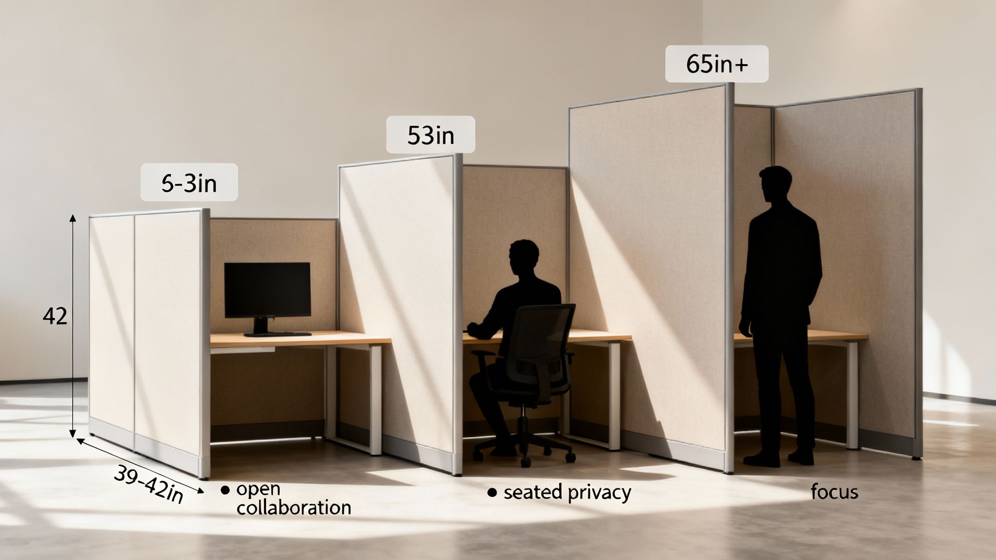 Comparison of three office cubicle systems with dimensions for open collaboration, seated privacy, and focused work.