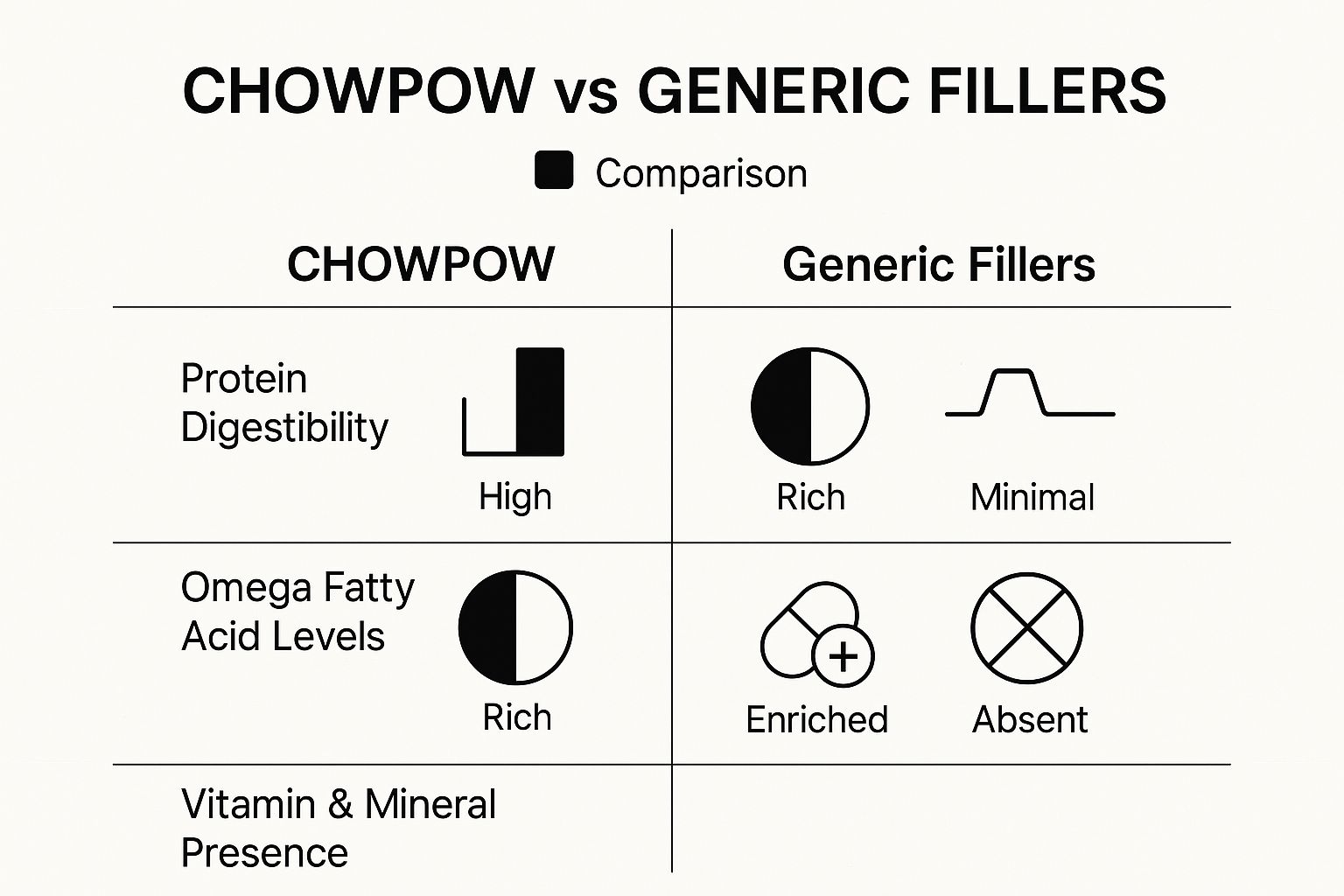 Infographic comparing ChowPow ingredients with generic fillers, showing high protein digestibility, rich omega fatty acids, and enriched vitamin presence for ChowPow, versus low, minimal, and absent for fillers.