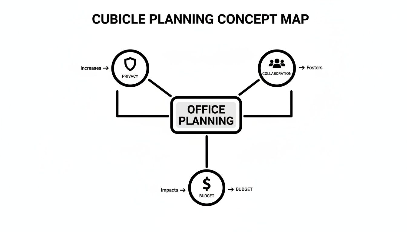 A concept map illustrating how office planning relates to privacy, collaboration, and budget to find the right standard cubicle size.