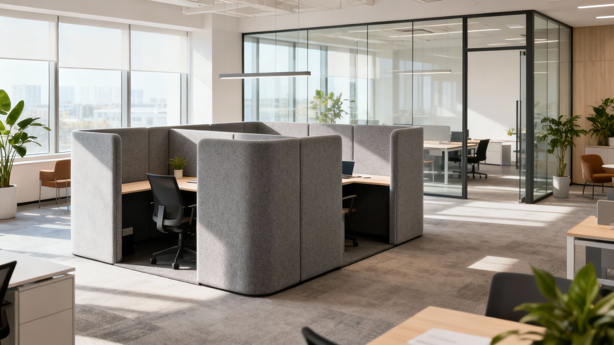 An open-plan modern office space featuring rows of workstations separated by grey fabric office desk separators.