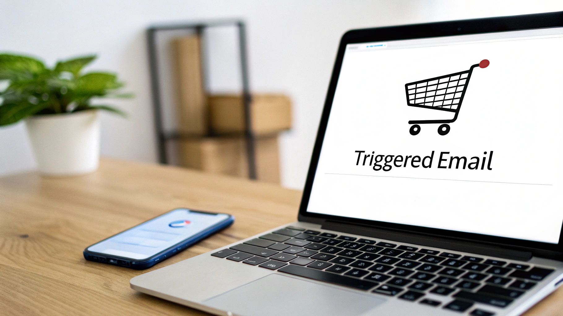 A laptop displaying a triggered email for a shopping cart, a key email marketing automation strategy.