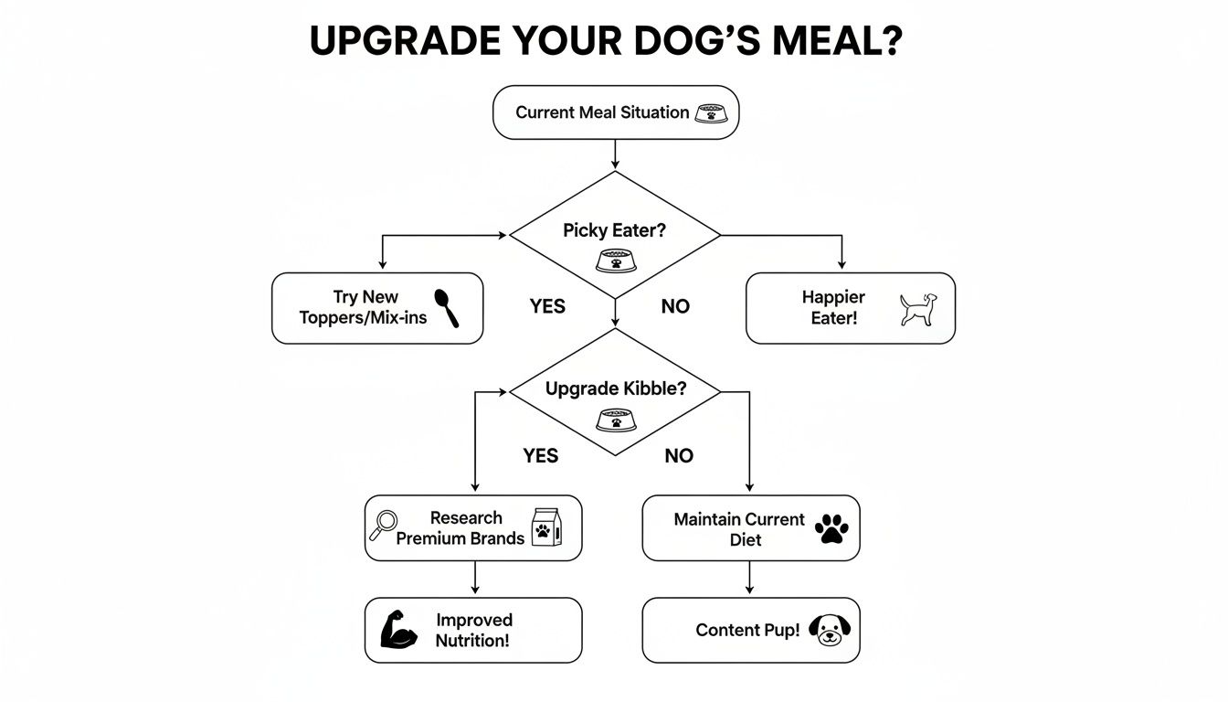 Flowchart guiding dog owners through decisions to upgrade their dog's meal for improved nutrition.