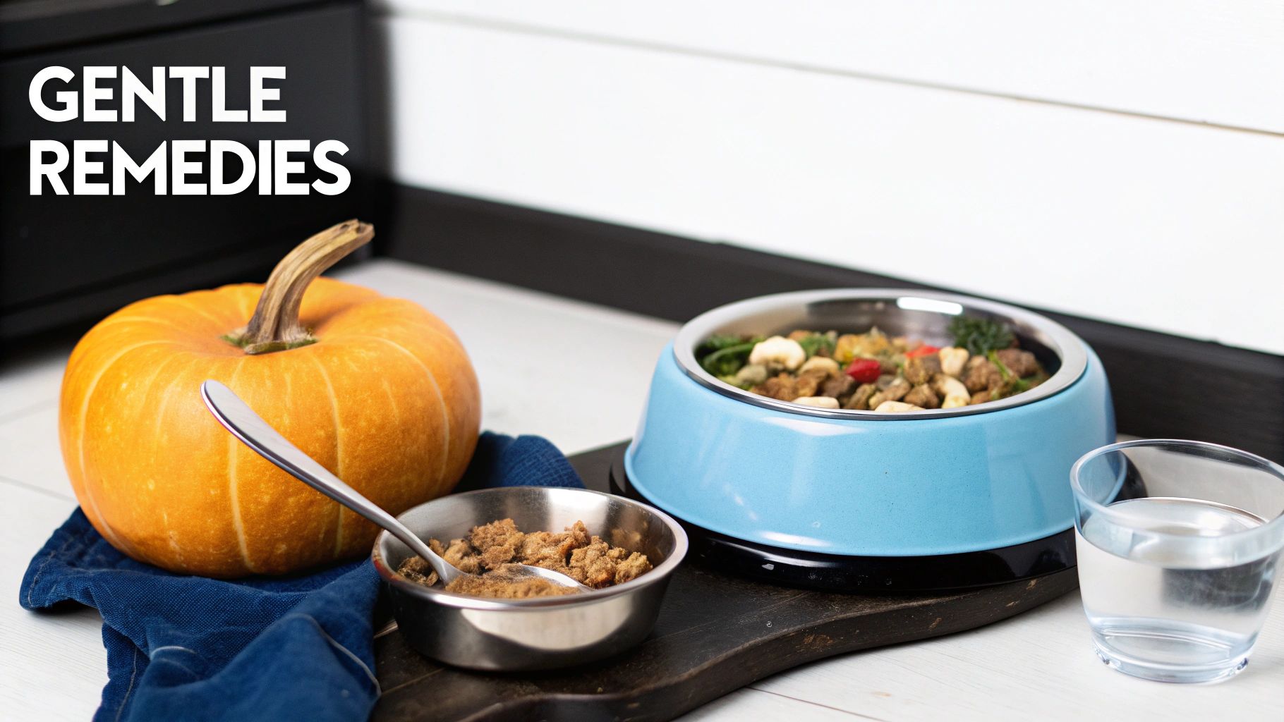A whole pumpkin, bowls of dog food, and water on a counter, representing gentle remedies for pets.