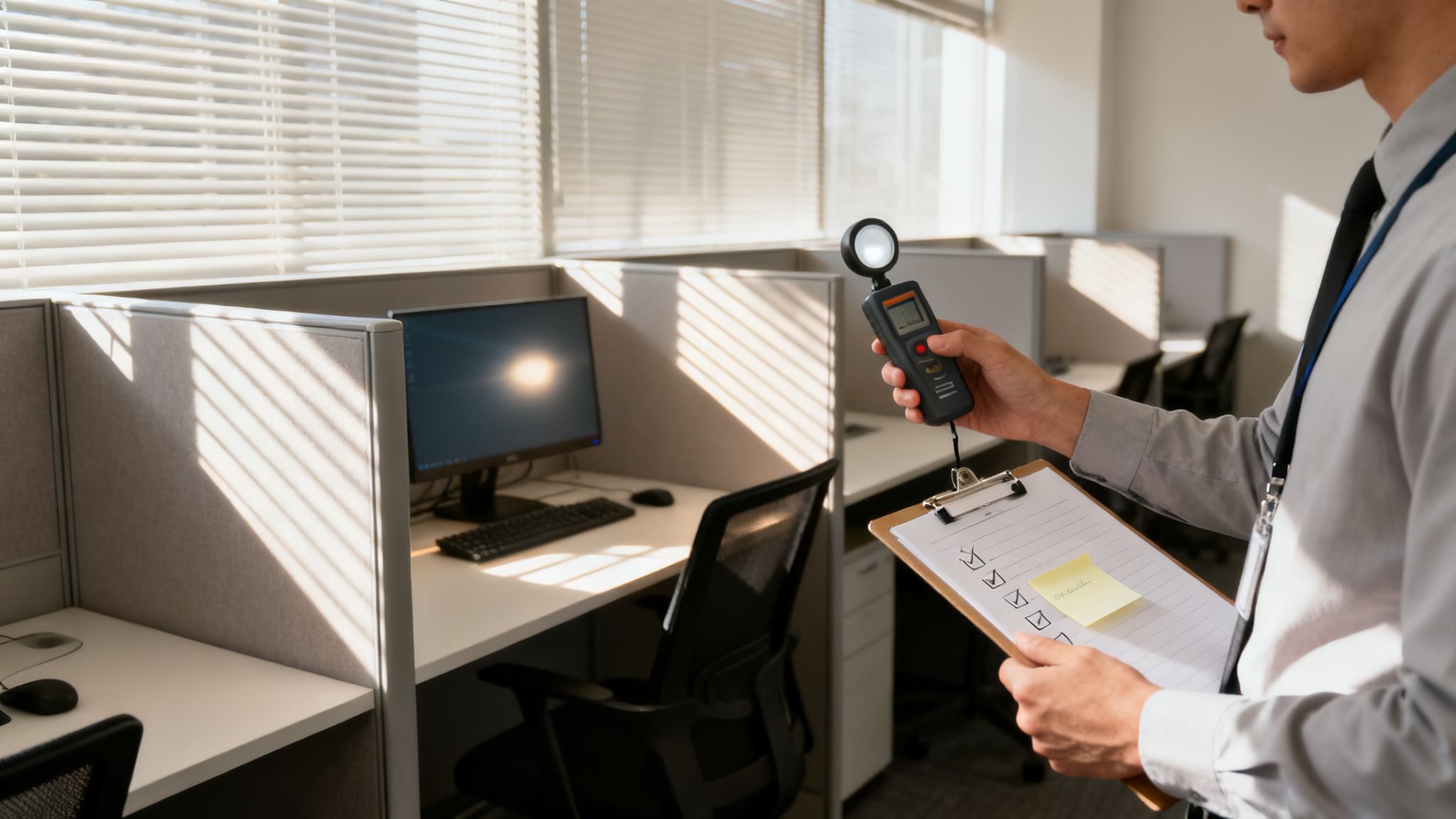 A person measures light levels in lux with a meter in an office cubicle, with sunlight streaming through window blinds.