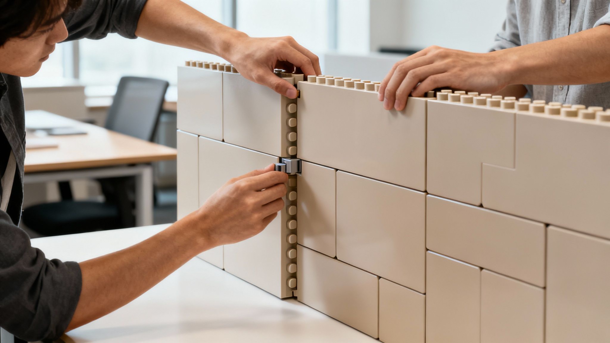 A modern, bright office interior showcasing the flexibility of modular glass and solid panel office walls.