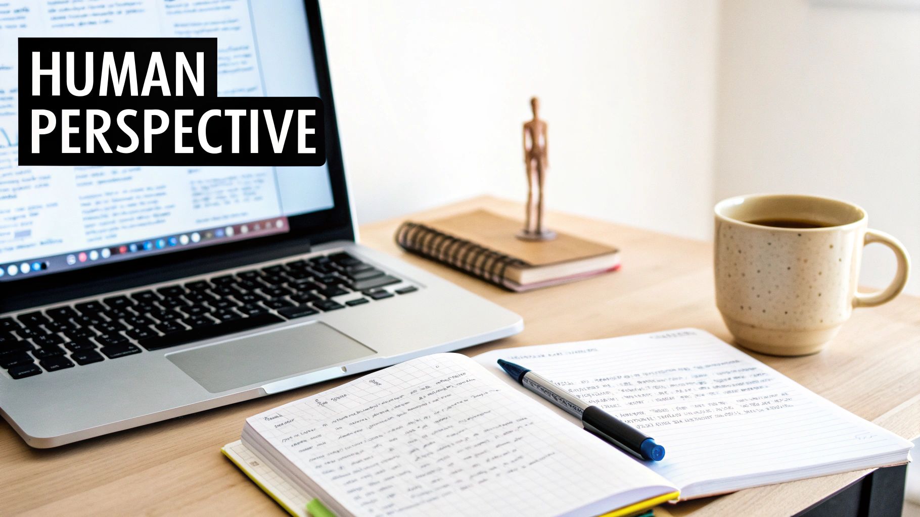 A laptop screen displaying 'HUMAN PERSPECTIVE' on a desk, a key aspect of differentiating human-led content from AI-generated fluff.