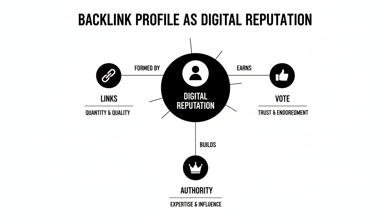 Diagram of a backlink profile reputation model illustrating that links earn votes to build authority.
