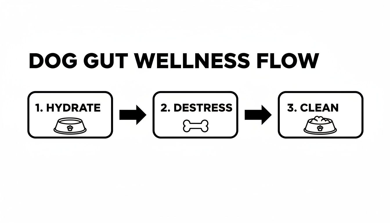 A dog gut wellness flow chart showing three steps: hydrate, destress, and clean.