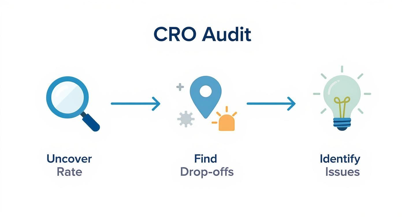 A CRO audit flowchart to increase ecommerce conversion rate showing steps: Uncover Rate with a magnifying glass, Find Drop-offs with a pin, and Identify Issues with a lightbulb.