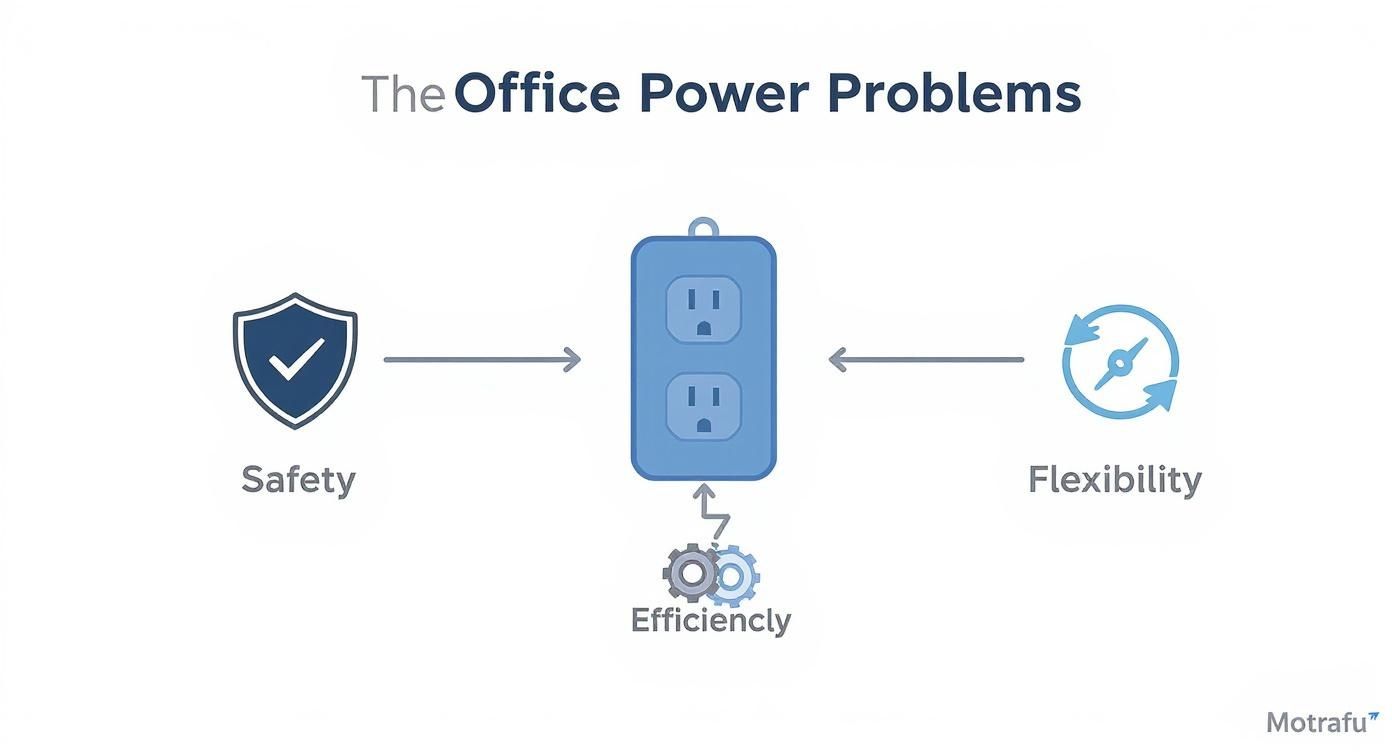 An infographic titled 'The Office Power Problems' shows a power outlet linked to Safety, Flexibility, and Efficiency.