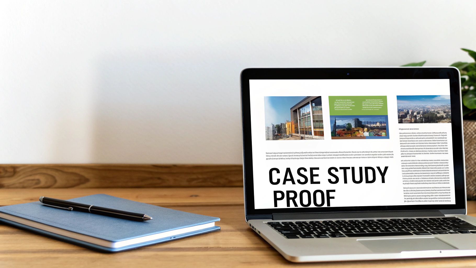 A laptop displaying a case study proof document, a key method for showcasing proof of work to search engines.