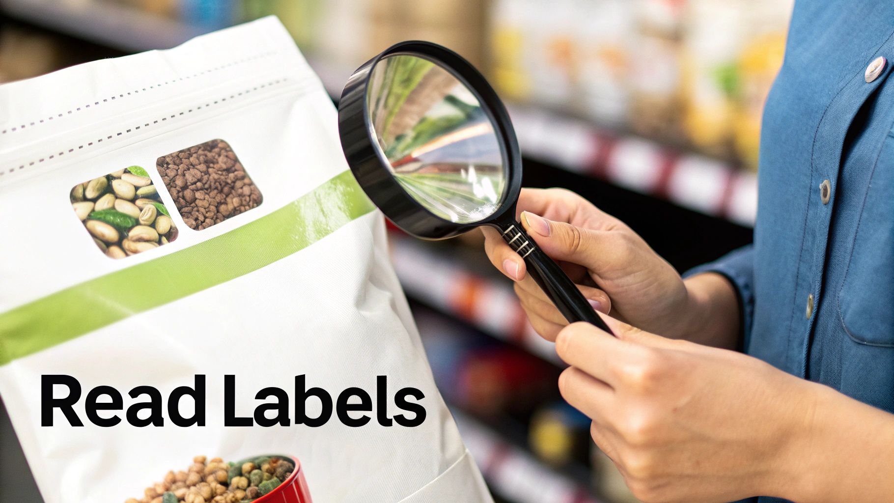 Person uses a magnifying glass to carefully read a product label on a white bag in a store aisle.