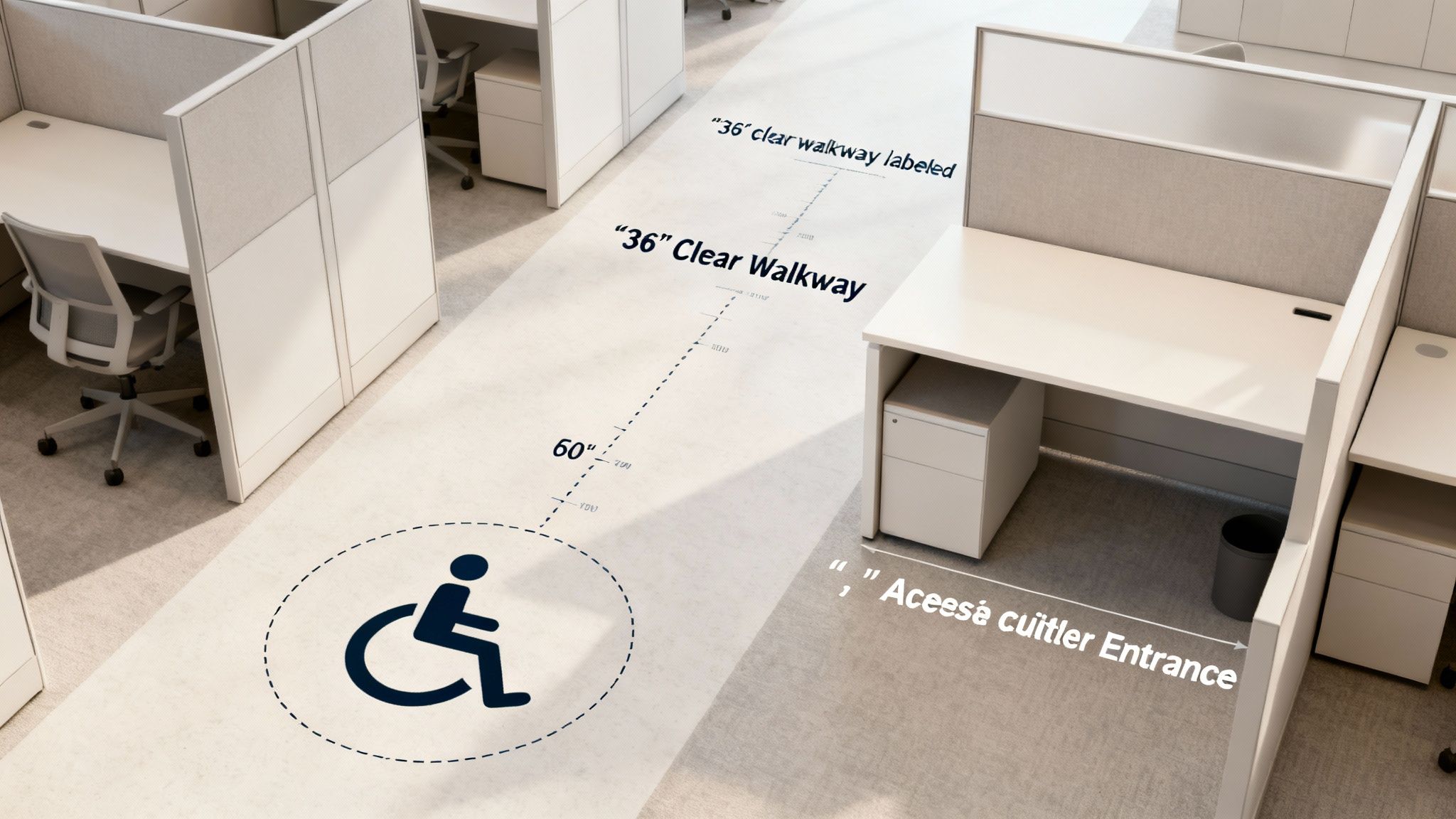 An office walkway illustrating 36-inch clear space for accessibility, marked with a wheelchair symbol.
