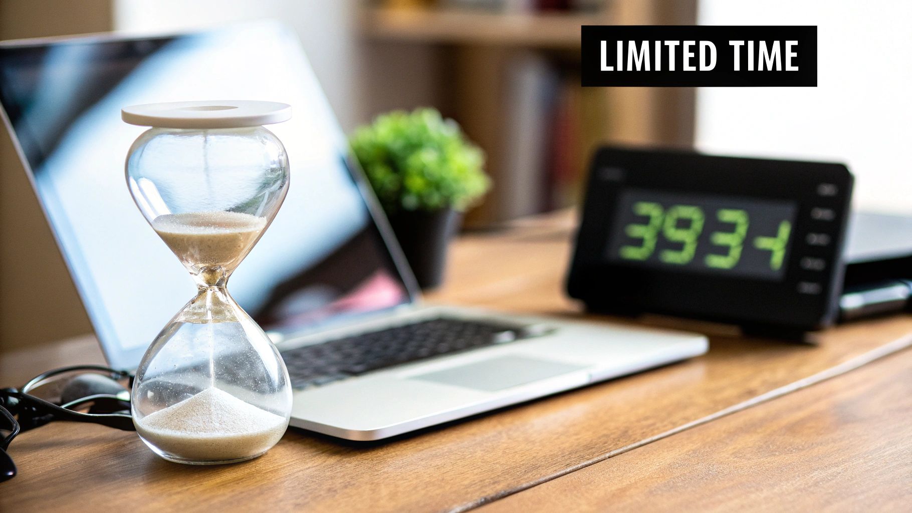 An hourglass next to a shopping cart, illustrating the time-sensitive nature of urgency and scarcity in ad copy examples.