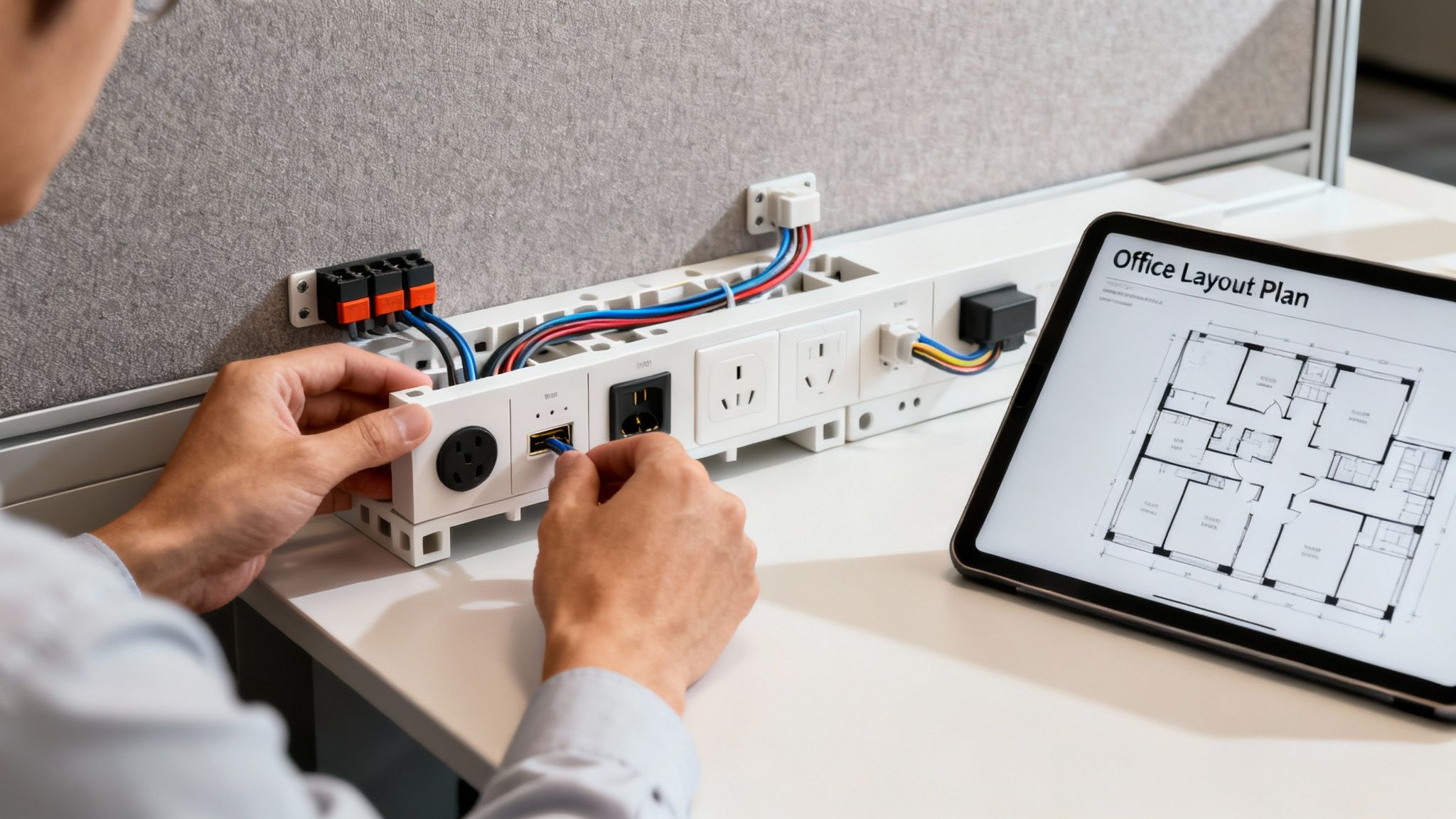 A person installs network and power cables into an office desk power track next to a tablet showing a layout plan.