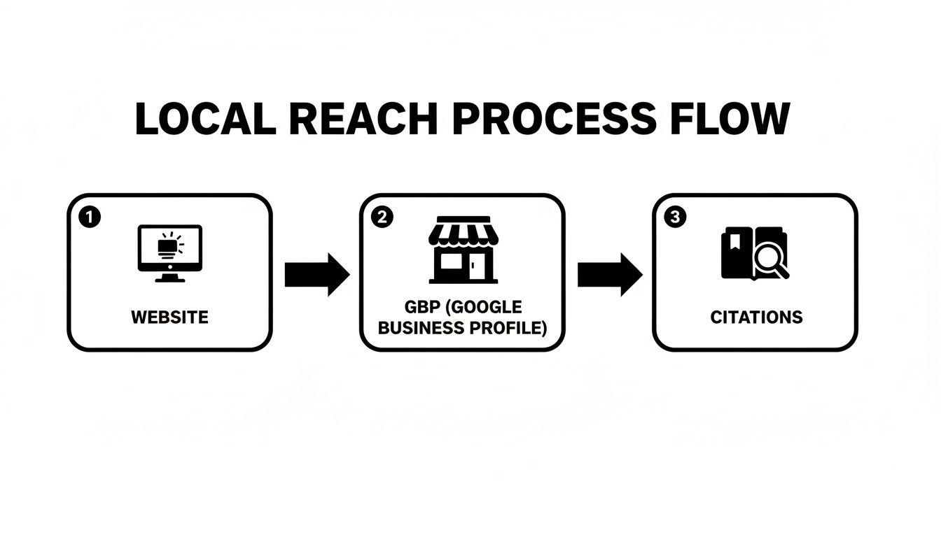 A diagram illustrating the local reach process flow for hyperlocal content, showing steps for Website, Google Business Profile, and Citations.
