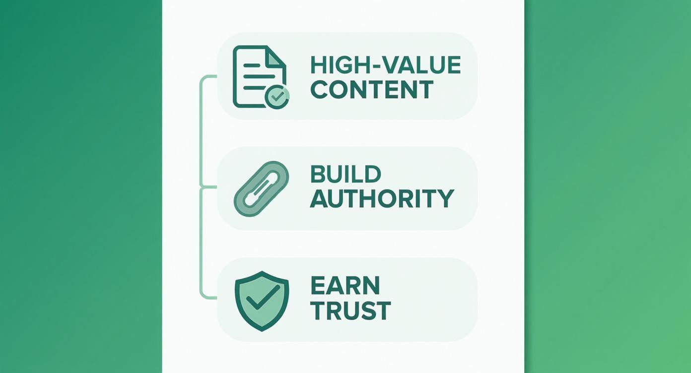 An infographic showing a three-step SEO strategy: High-Value Content, Build Authority, and Earn Trust, comparing paid search vs organic search approaches.