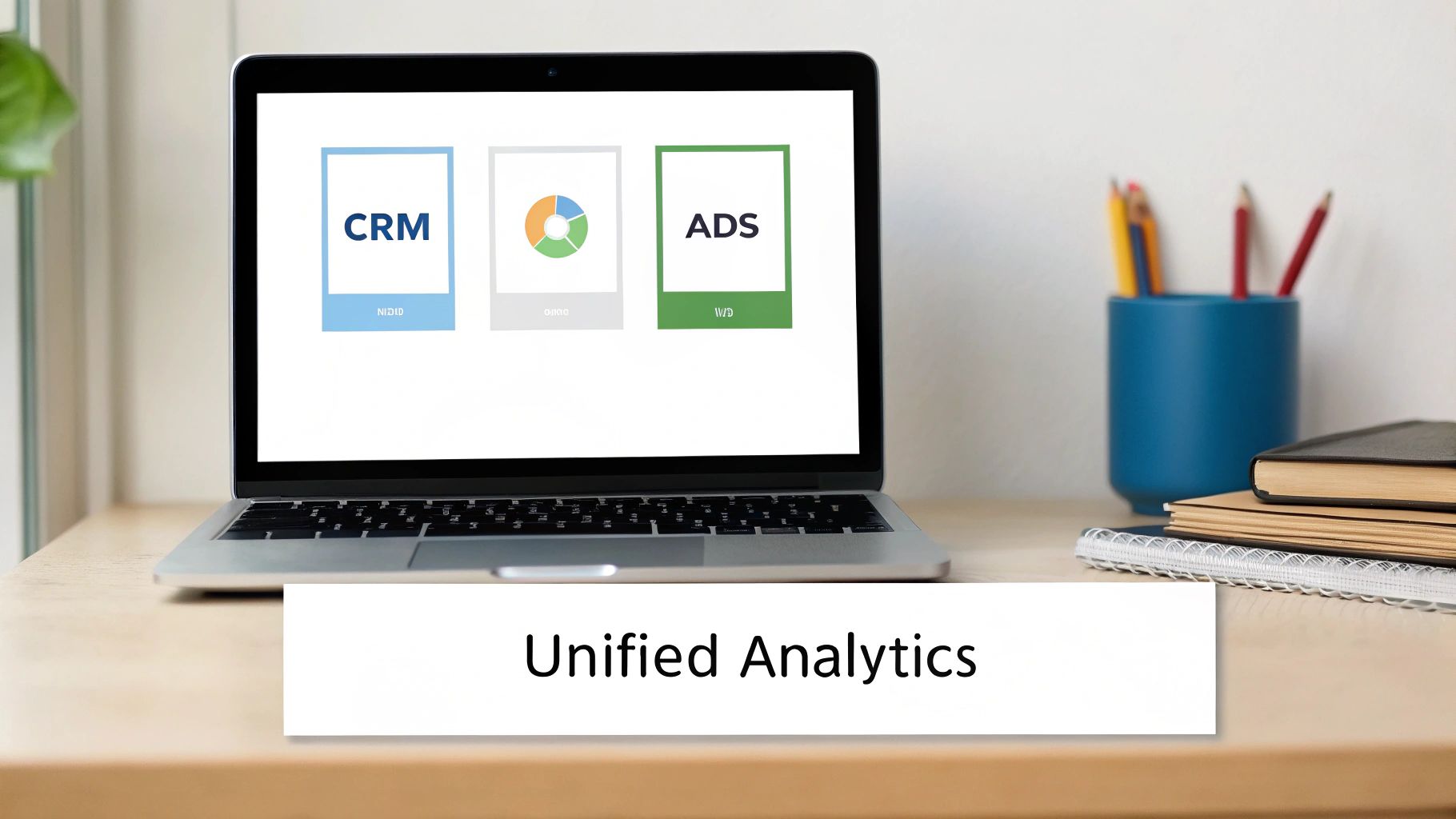 Laptop displaying unified analytics dashboard for cross channel marketing attribution with CRM, data chart, and ADS integration modules