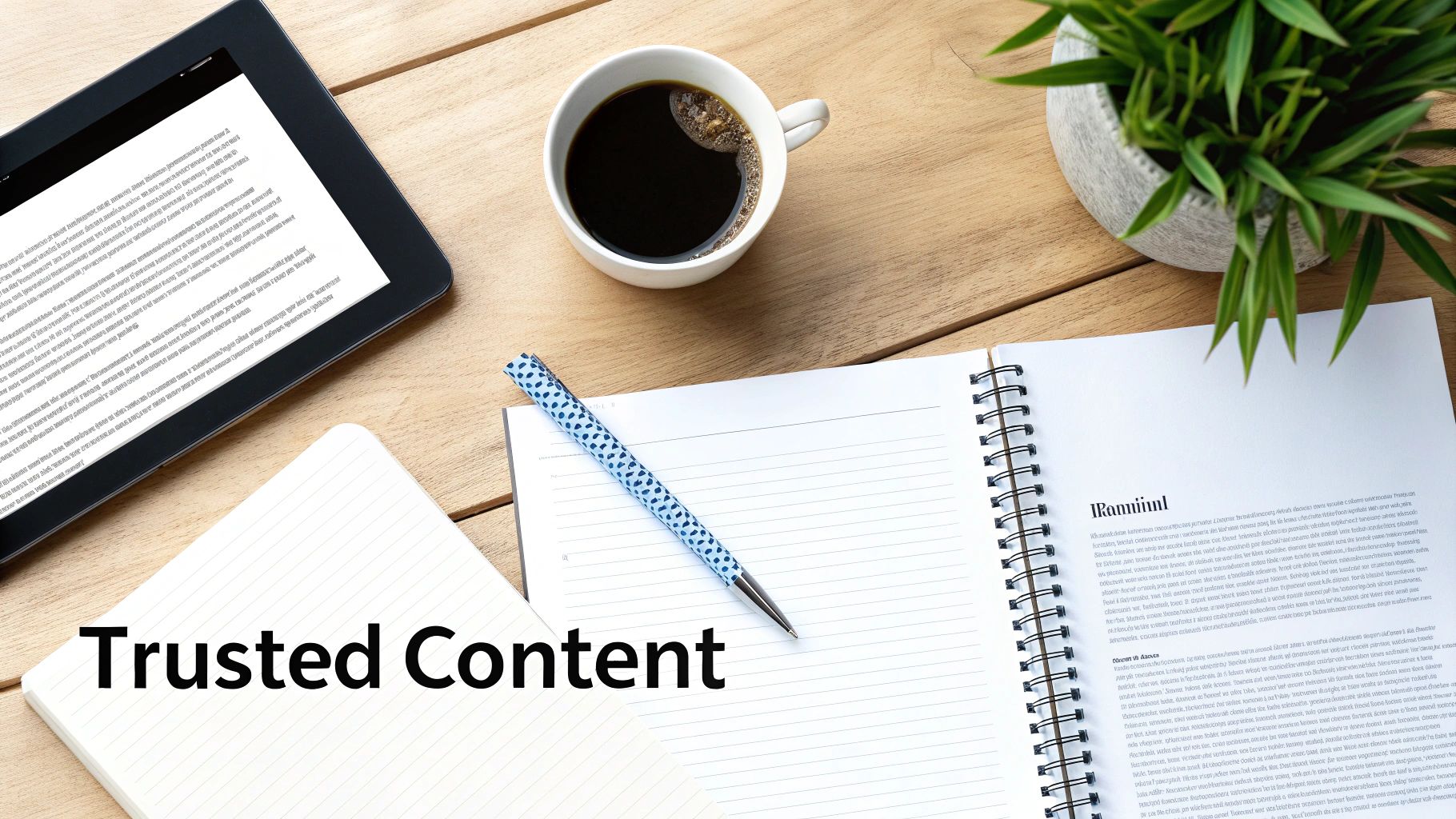 A flat lay of a professional workspace with a tablet, coffee cup, notebook, and "Trusted Content" text. Alt text: Workspace flat lay with 'Trusted Content' text, key to inbound marketing for professional services.