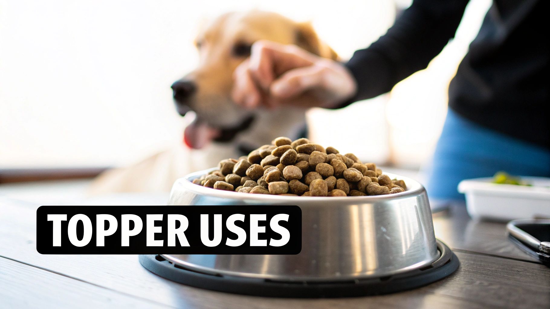 Close-up of a full dog food bowl with kibble, a golden retriever and owner in the background.