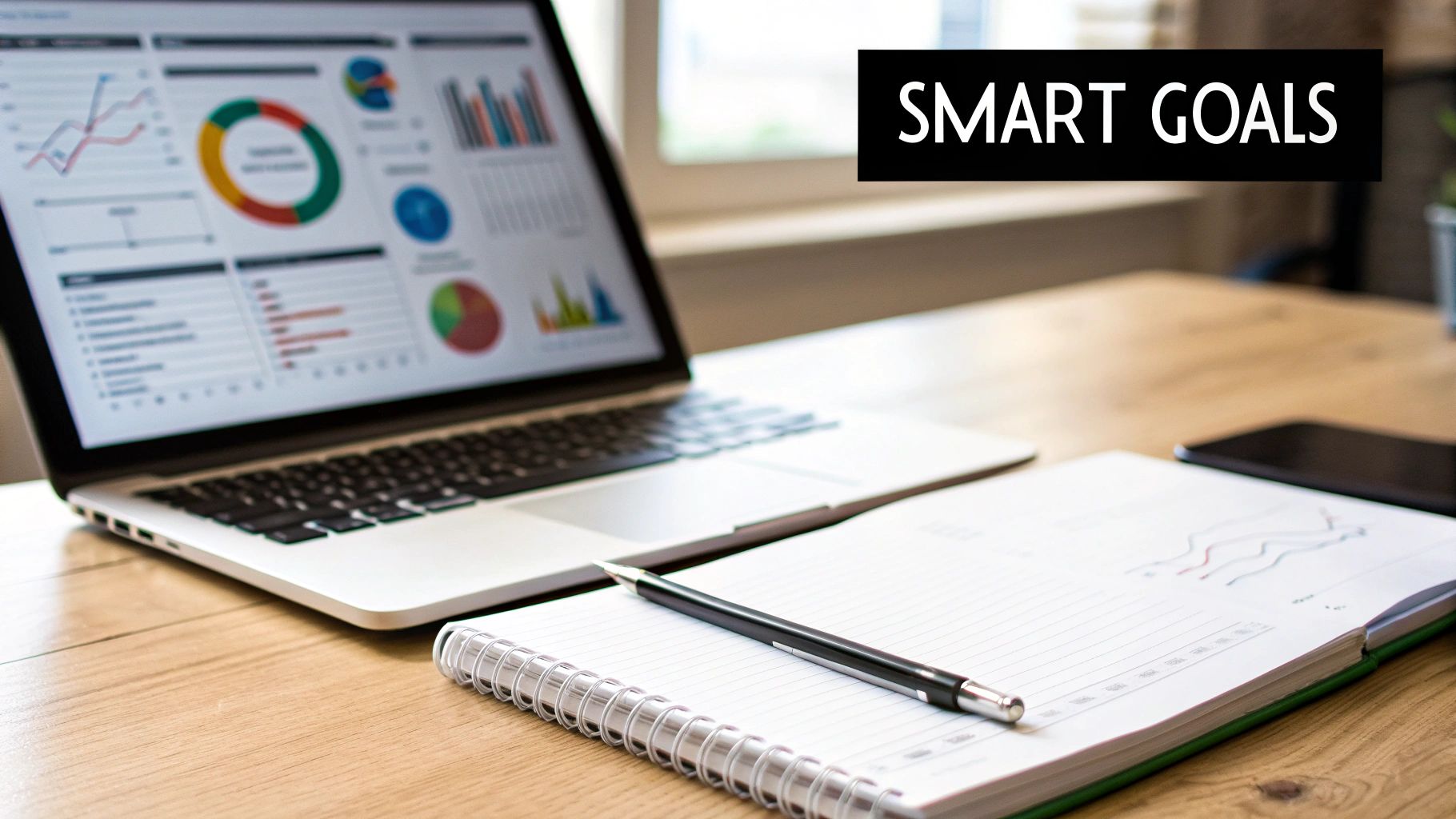 Laptop displaying business analytics charts next to a notebook with 'SMART GOALS' text, illustrating how to create a digital marketing strategy.