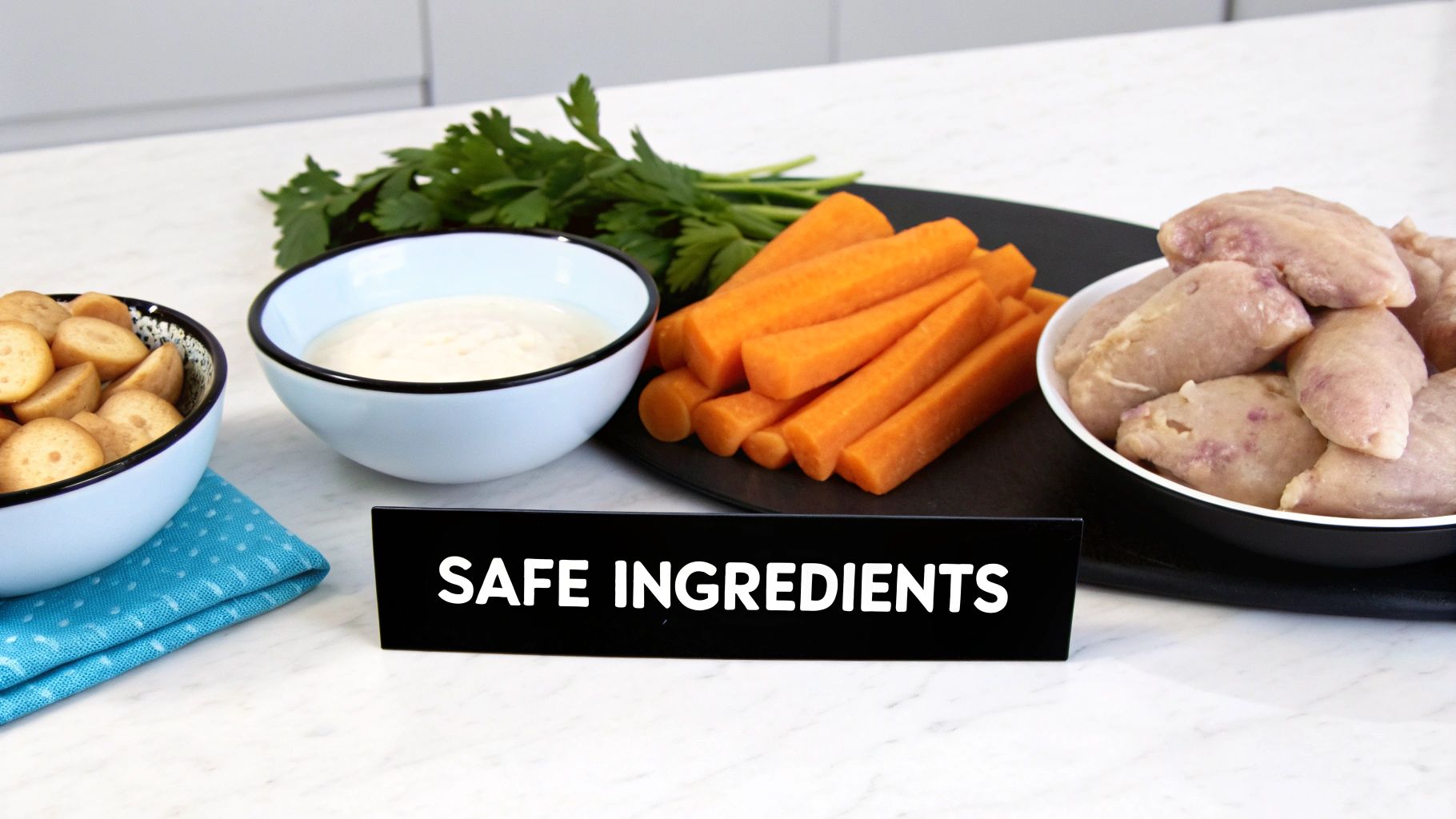 A variety of fresh, dog-safe ingredients like chicken, carrots, and sweet potatoes arranged on a wooden cutting board.