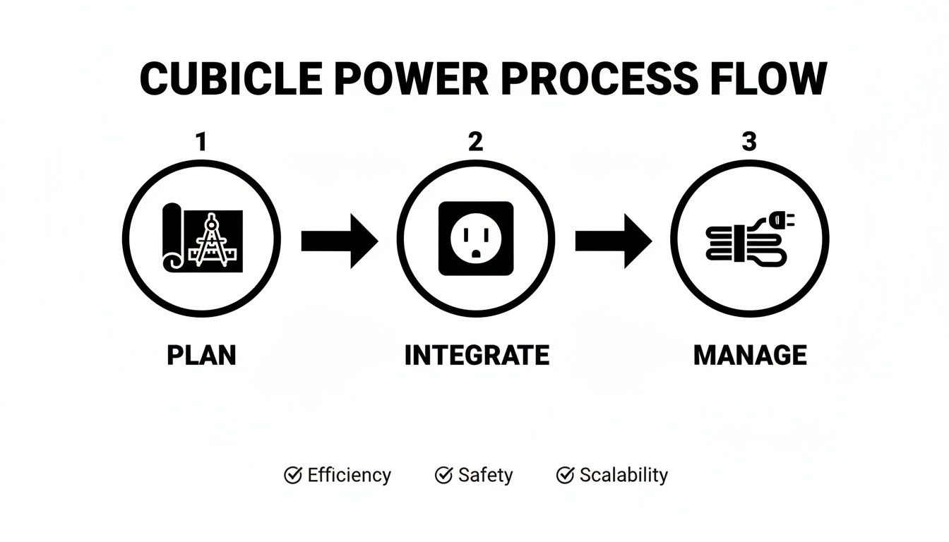 Cubicle power process flow diagram shows three steps: plan, integrate, and manage for efficiency, safety, and scalability.
