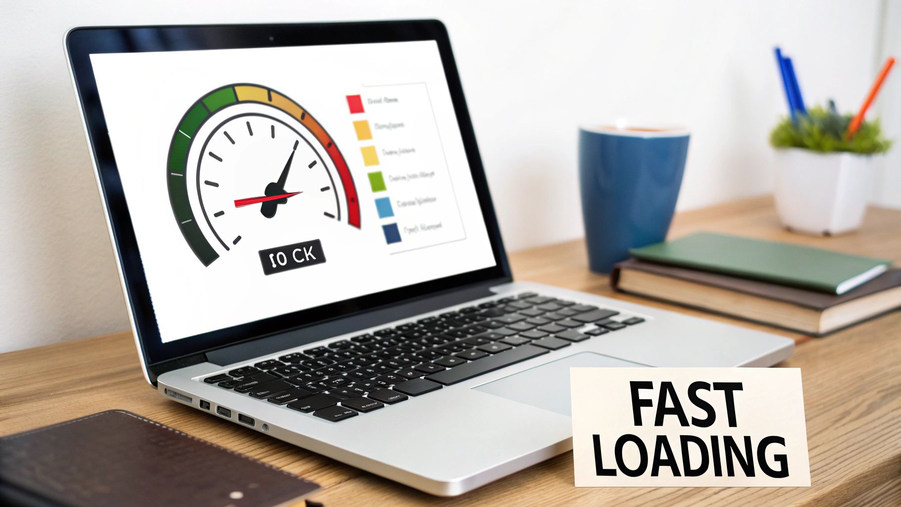 A laptop displays a speed gauge in the green zone, next to a 'FAST LOADING' sign, indicating excellent website performance from a web audit checklist.