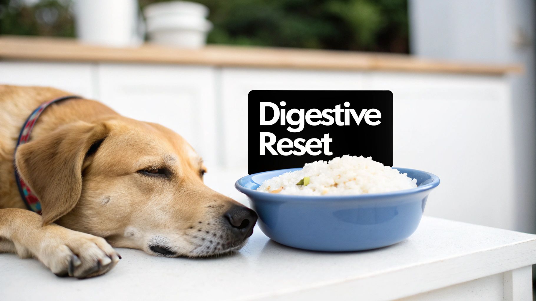A calm golden dog rests next to a bowl of bland rice, with a 'Digestive Reset' sign.